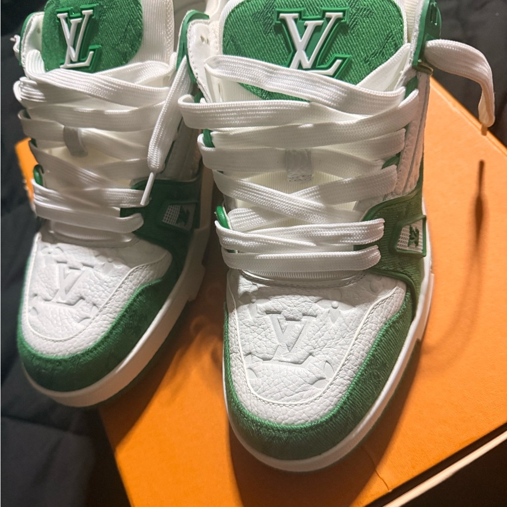 Louis Vuitton White and Green High-Top Sneakers